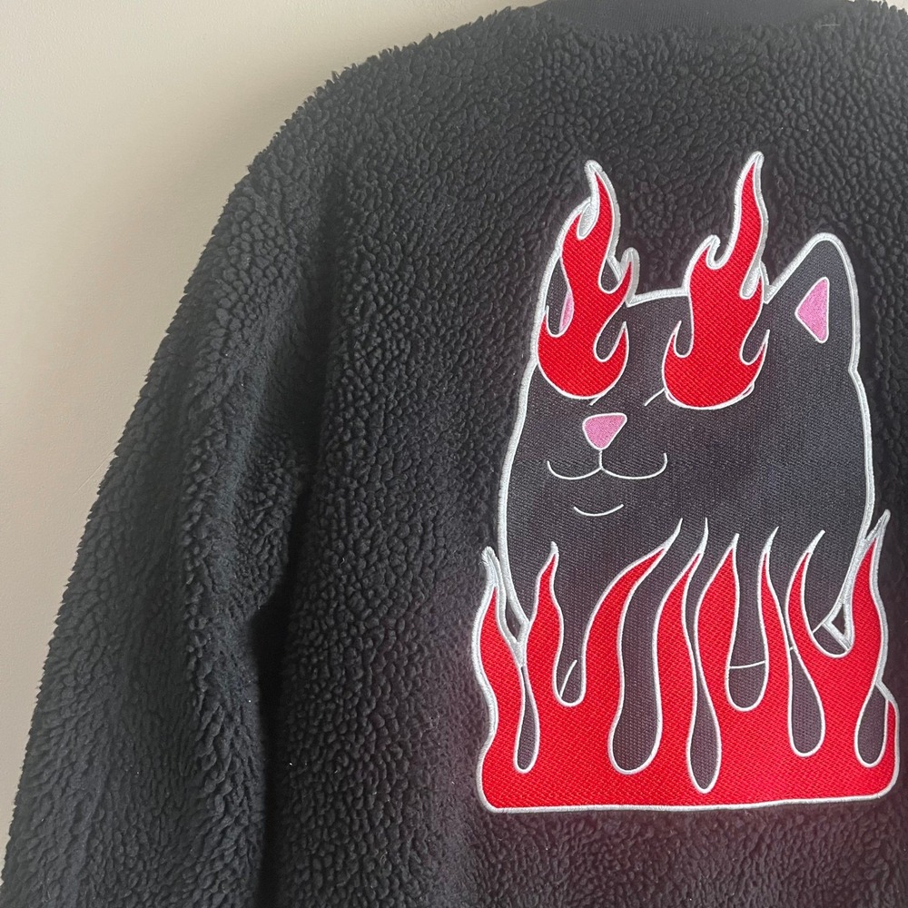RIPNDIP Nermal Flaming Cat Sherpa Bomber Jacket Black Size M Skate Grunge - Picture 2 of 8